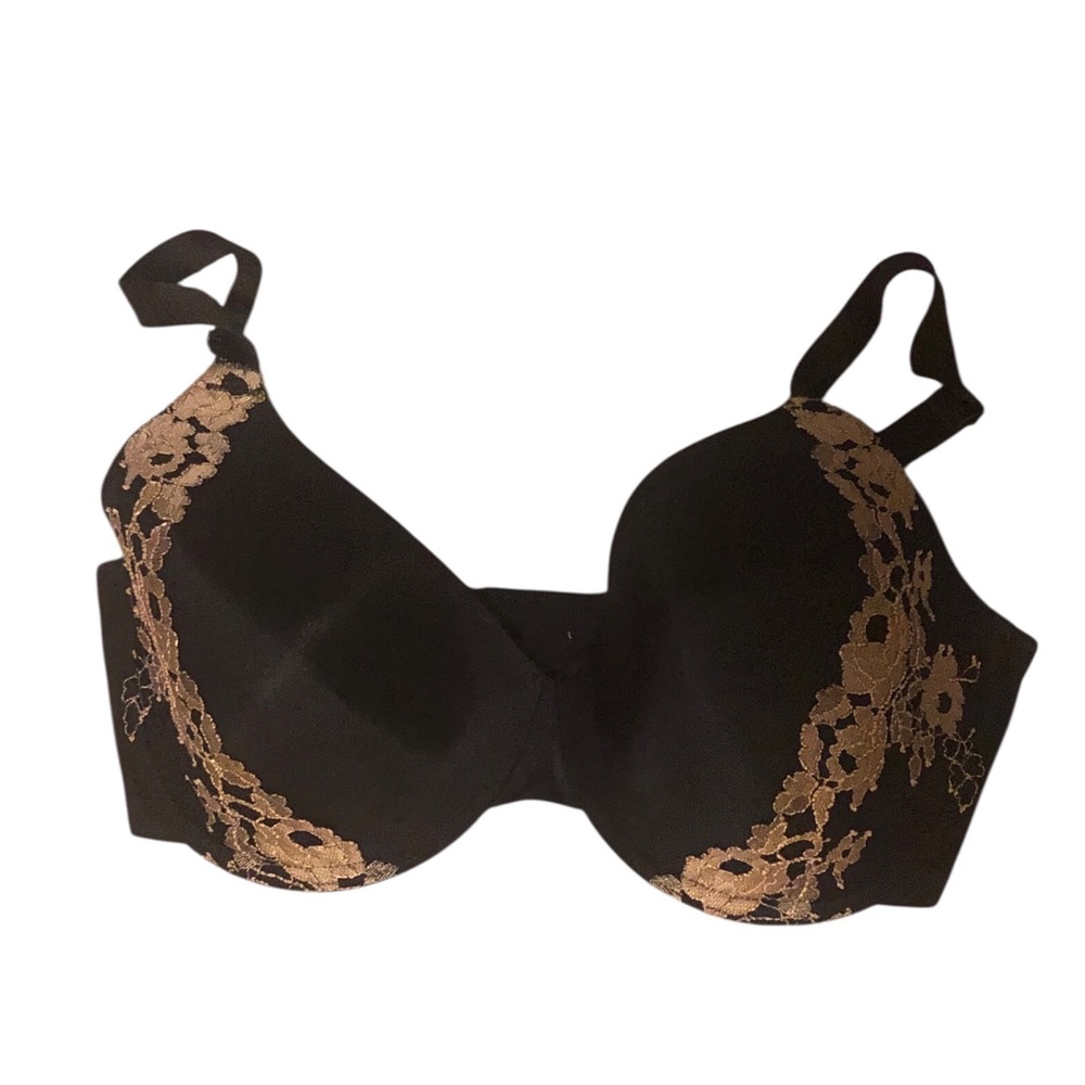 Wacoal 34DDD (34F) black and gold floral embroidery bra